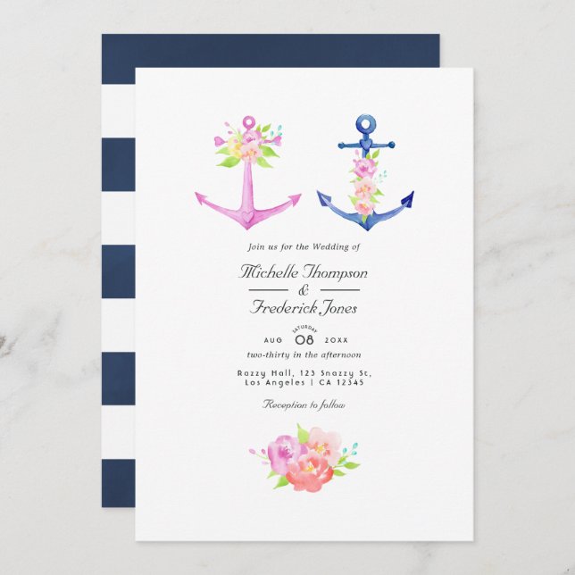 Watercolor Nautical Themed Floral QR Code Wedding  Invitation (Front/Back)