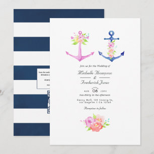 Watercolor Nautical Themed Floral QR Code Wedding Invitation