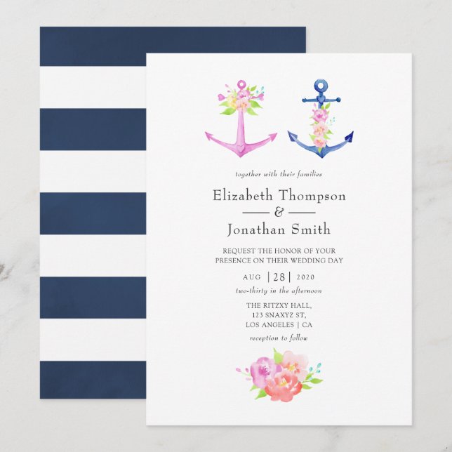 Watercolor Nautical Themed Floral Wedding Invitation (Front/Back)