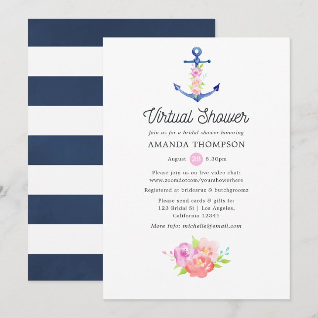 Watercolor Nautical Virtual Bridal Shower Invitation (Front/Back)