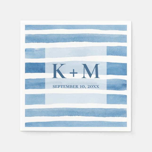 Watercolor nautical wedding. Blue stripes monogram Napkin (Front)