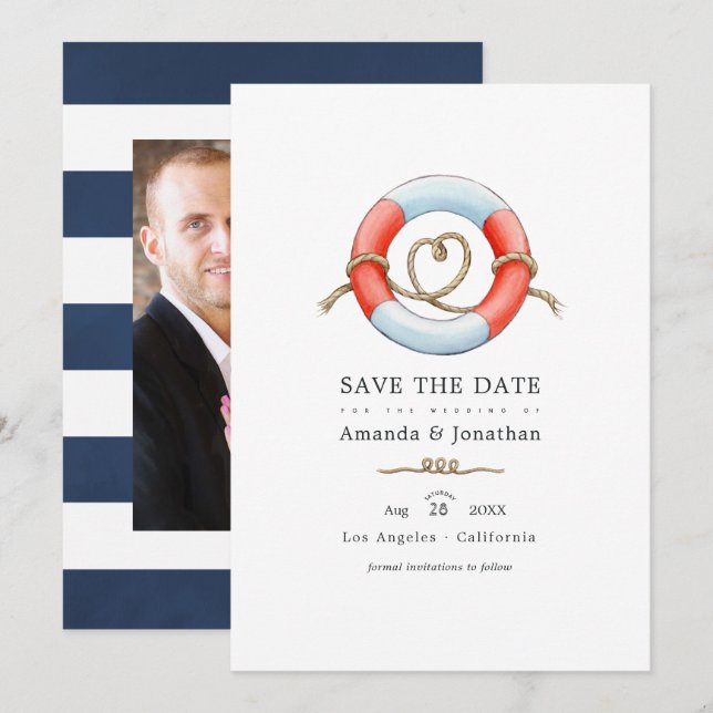 Watercolor Nautical Wedding Photo Save The Date (Front/Back)