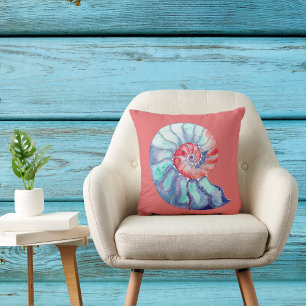 Watercolor Nautilus Shell in Coral Blue and Grey Throw Pillow