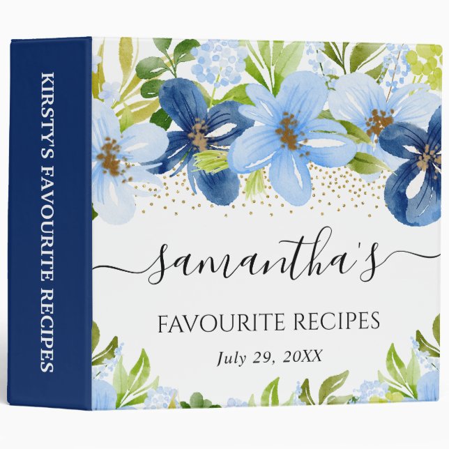 Watercolor Navy and Blue Flowers Recipe Binder (Front/Spine)