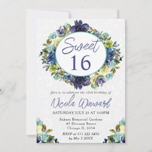 Watercolor Navy and Blue Wreath Sweet 16 Invitation
