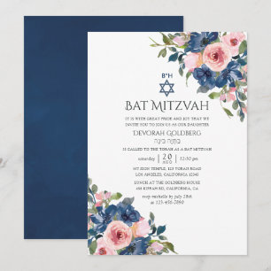 Watercolor Navy and Blush Floral Bat Mitzvah Invitation
