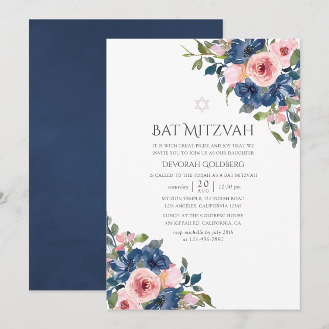 Watercolor Navy and Blush Floral Bat Mitzvah Invitation (Front/Back)