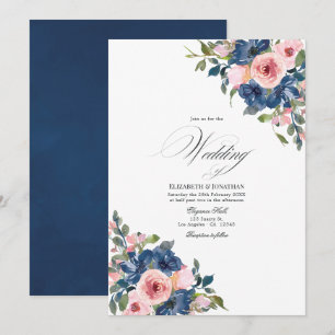Watercolor Navy and Blush Floral Wedding Invitation