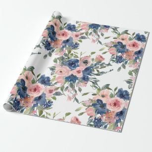 Watercolor Navy and Blush Floral Wrapping Paper