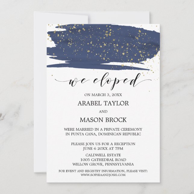 Watercolor Navy and Gold Elopement Reception Invitation (Front)