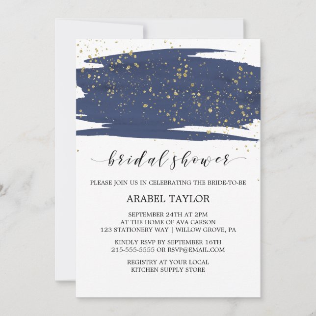 Watercolor Navy and Gold Sparkle Bridal Shower Invitation (Front)