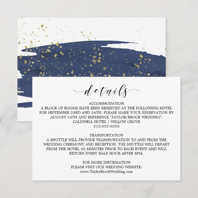 Watercolor Navy and Gold Wedding Details Card (Front/Back)