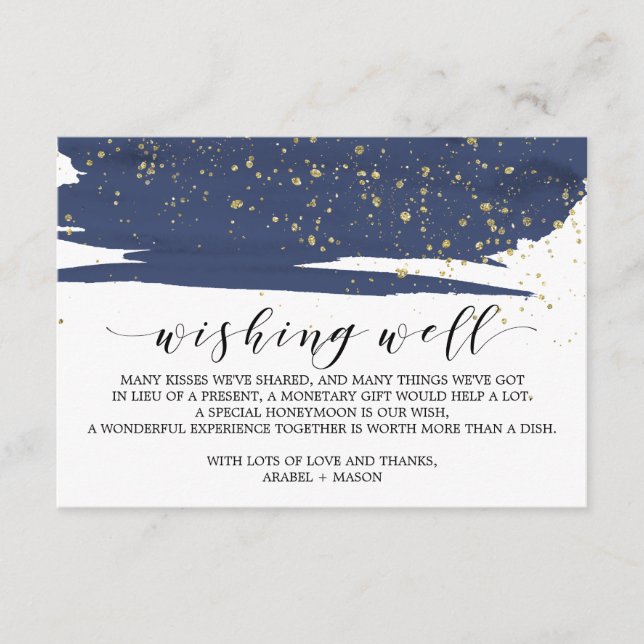 Watercolor Navy and Gold Wedding Wishing Well Enclosure Card (Front)