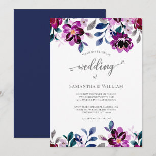 Watercolor Navy and Purple Floral Wedding Invitation