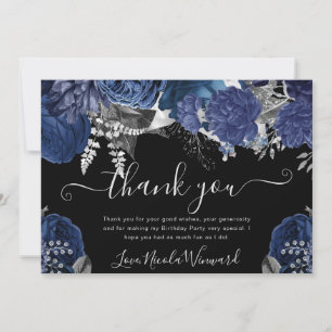 Watercolor Navy and Silver Roses  Birthday Thank You Card