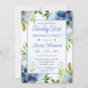 Watercolor Navy & Baby Blue Flowers 21st Birthday Invitation