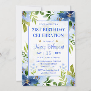 Watercolor Navy & Baby Blue Flowers Birthday Invitation