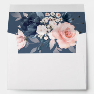 Watercolor Navy Blue and Blush Pink floral wedding Envelope