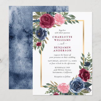 Watercolor Navy Blue Burgundy Gold Floral Invitation