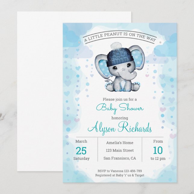 Watercolor navy blue elephant  hat  Baby Shower Invitation (Front/Back)