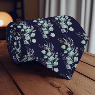 Watercolor Navy Blue Eucalyptus Greenery Pattern  Tie