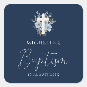 watercolor navy blue floral cross baptism square sticker