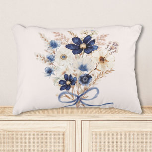 Watercolor Navy Blue Flower Bouquet Floral Accent Pillow