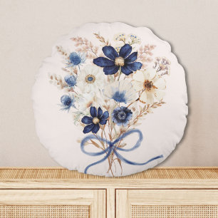 Watercolor Navy Blue Flower Bouquet Floral Round Pillow