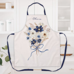 Watercolor Navy Blue Flower Bouquet Personalized Apron