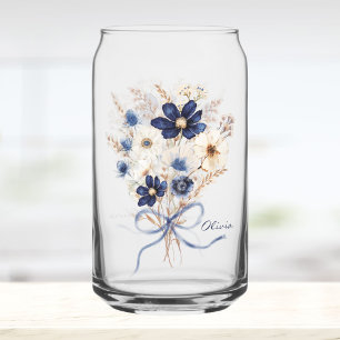 Watercolor Navy Blue Flower Bouquet Personalized Can Glass