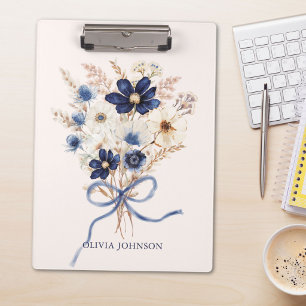 Watercolor Navy Blue Flower Bouquet Personalized Clipboard
