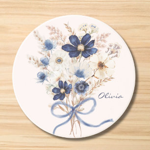 Watercolor Navy Blue Flower Bouquet Personalized Coaster