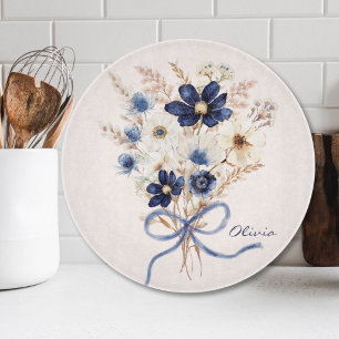 Watercolor Navy Blue Flower Bouquet Personalized Cutting Board