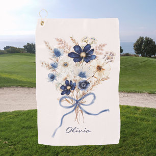Watercolor Navy Blue Flower Bouquet Personalized Golf Towel