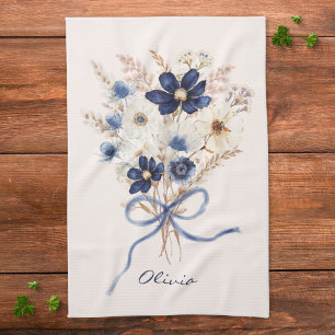 Watercolor Navy Blue Flower Bouquet Personalized Kitchen Towel