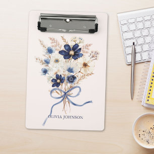 Watercolor Navy Blue Flower Bouquet Personalized Mini Clipboard