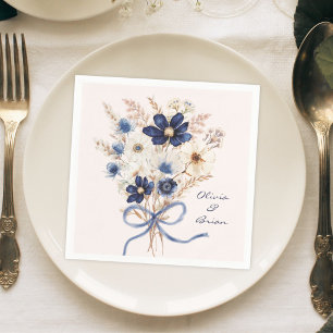 Watercolor Navy Blue Flower Bouquet Personalized Napkin