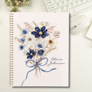 Watercolor Navy Blue Flower Bouquet Personalized Notebook