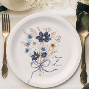 Watercolor Navy Blue Flower Bouquet Personalized Paper Plate