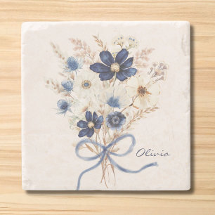 Watercolor Navy Blue Flower Bouquet Personalized Stone Coaster