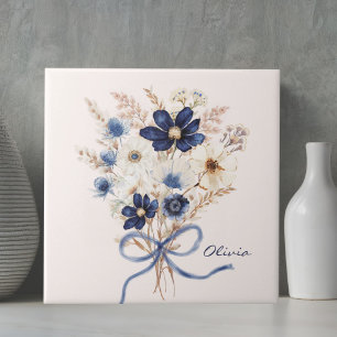 Watercolor Navy Blue Flower Bouquet Personalized Tile