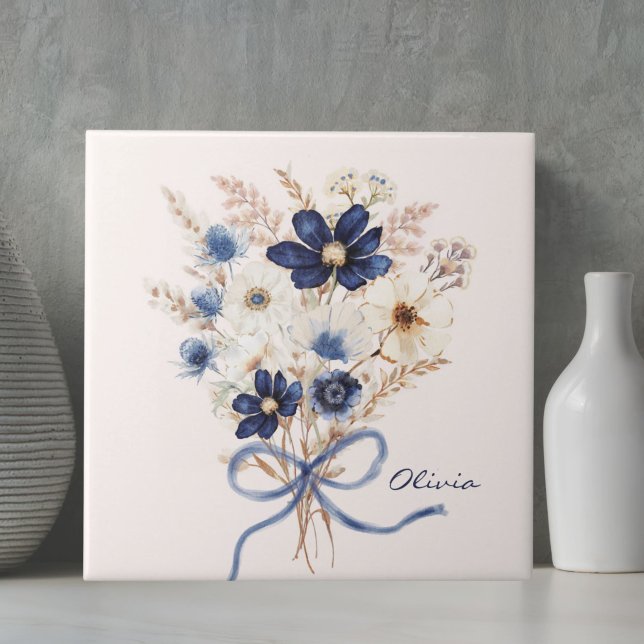 Watercolor Navy Blue Flower Bouquet Personalized Tile (Creator Uploaded)