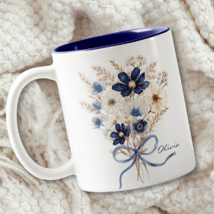 Watercolor Navy Blue Flower Bouquet Personalized Two-Tone Coffee Mug