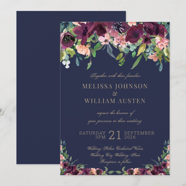 Watercolor Navy Blue Gold Burgundy Floral Wedding Invitation (Front/Back)