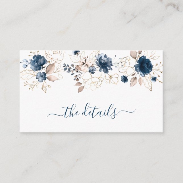Watercolor navy blue & gold roses Wedding, Details Enclosure Card (Front)