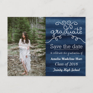 Watercolor Navy Blue Graduate Save The Date Photo Announcement Postcard