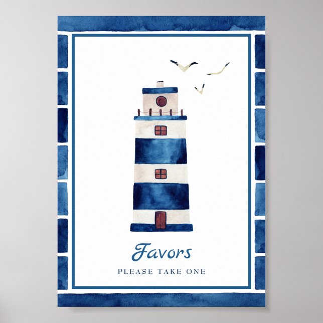 Watercolor Navy Blue Lighthouse Nautical Favours Poster (Front)