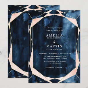 Watercolor Navy Blue Marble Gold Wedding  Invitation