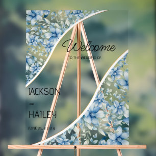 Watercolor navy blue mint floral botanic Welcome  Acrylic Sign