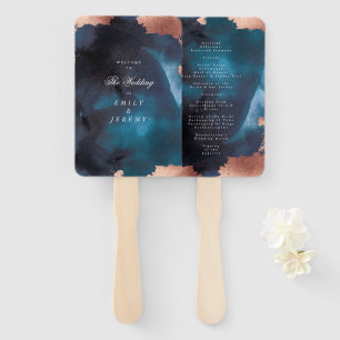 Watercolor Navy Blue Moody Rose Gold Wedding Hand Fan